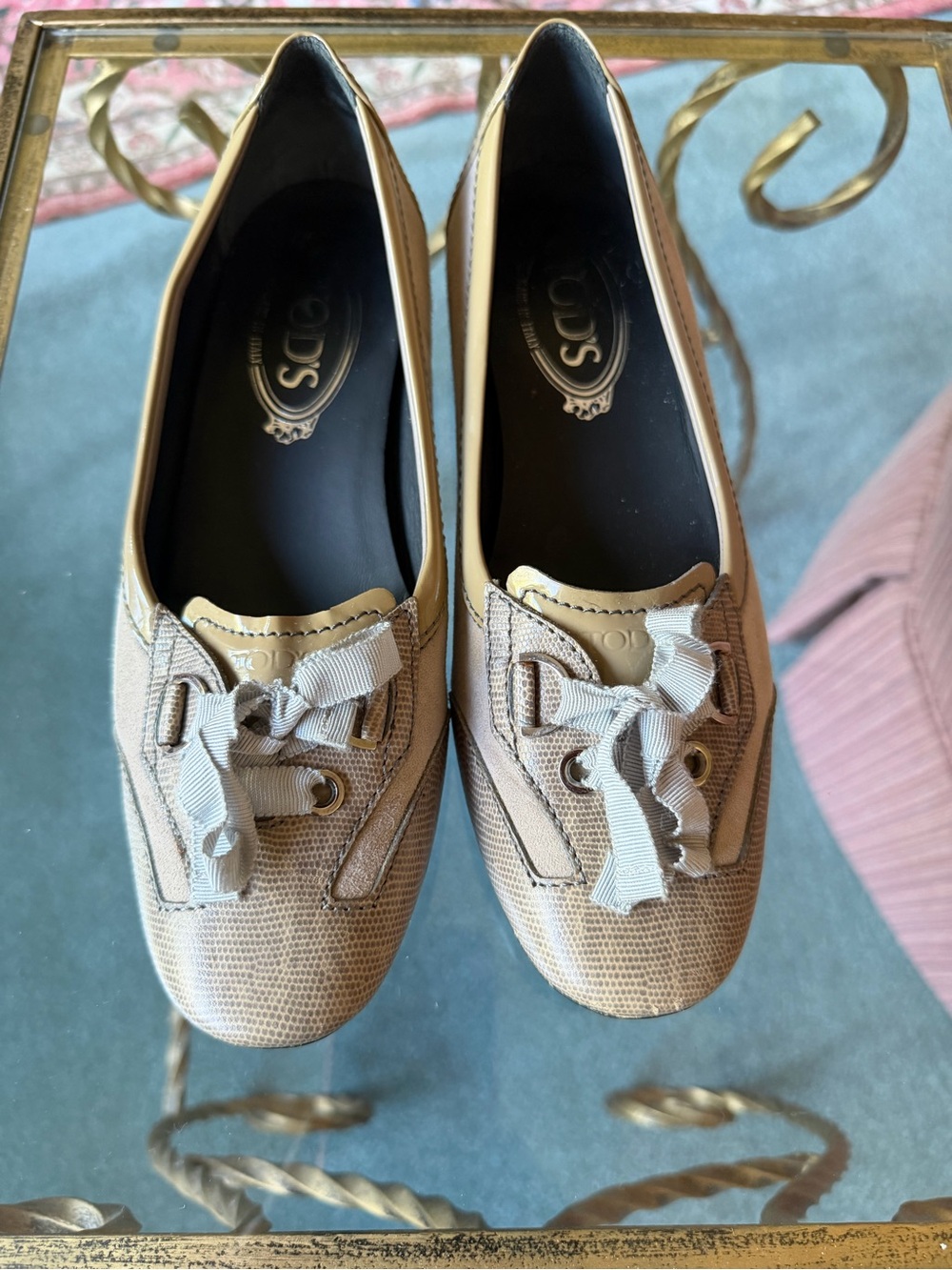 Tod's Beige Canvas Bow-Front Loafers